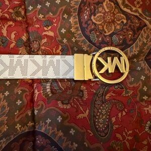 Michael Kors White & Brown Perforated Logo Belt with Gold MK Buckle